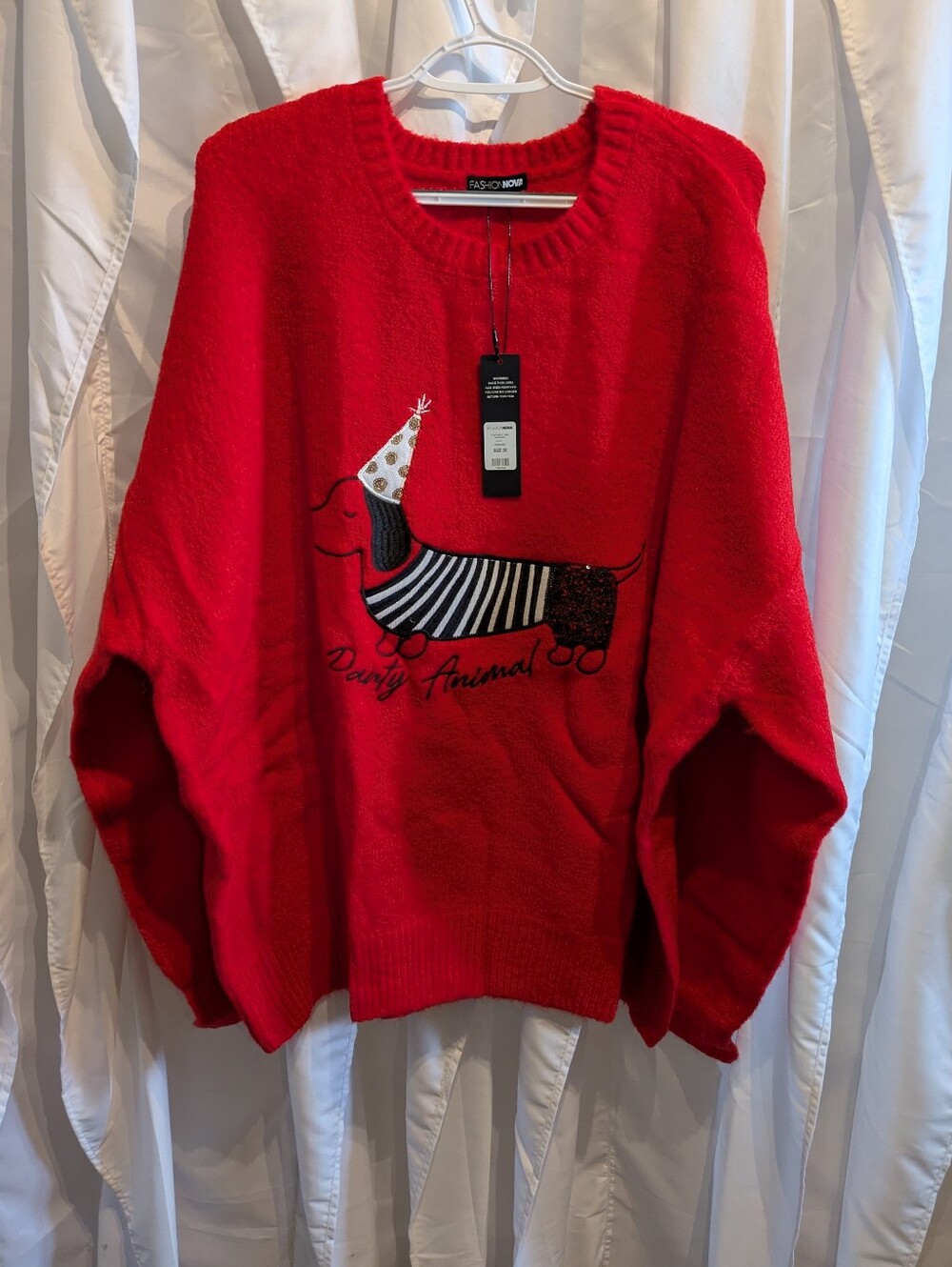 D4 Fashion Nova It's Pawty Time Dachshund Sweater Red Plus Size 3X NWT